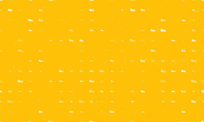 Seamless background pattern of evenly spaced white bulldozer symbols of different sizes and opacity. Vector illustration on amber background with stars