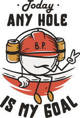 Beer pong game. T-shirt print with beer pong ball man sits on the cup with beer helmet. Alcohol sport design for bar with throw and drink, booze