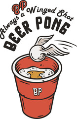 Beer pong game. T-shirt print with beer cup and flying ball with wings. Alcohol sport with throw and drink. College challenge with booze