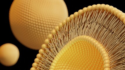 Close up liposome circular bilayer structure membrane. 3d illustration