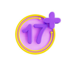 Age restriction 17+ 3d icon in transparent background. 3d symbol and sign. Modern and minimalistic. 3D rendered Illustration. Age restriction Seventeen plus symbol.