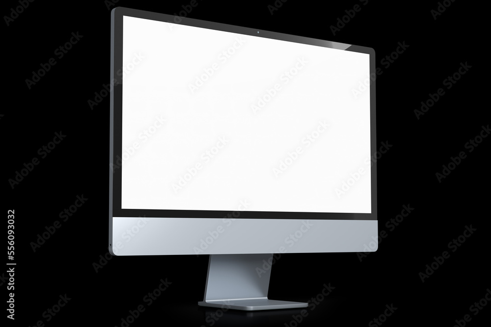 Poster realistic grey computer screen display isolated on black background.
