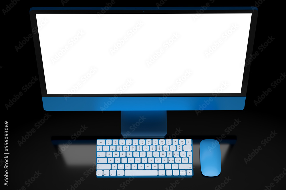 Aufkleber realistic blue computer screen display with keyboard and mouse isolated on black