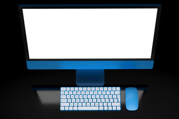 Realistic blue computer screen display with keyboard and mouse isolated on black