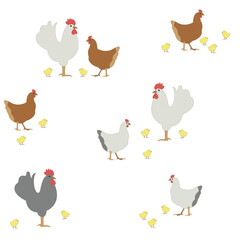 Vintage style seamless pattern of chicken. Easter Texture with hens, chicks and roosters. Hand drawn vector illustration for fabric print, wrapping paper, wallpaper, greeting card, kitchen decoration.