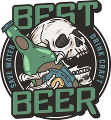 Skeleton with beer bottle in bone hand for design of label or poster. Brewery emblem, craft beer vector logo or print for pub, bar or beer store.