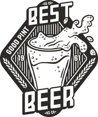 Beer glass with splashes foam for monochrome bar emblem or pub print. Brewery logo design with beer mug and froth for print shop or beer business.