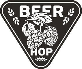 Beer logo with hop cone and leaf for craft beer label or print. Brew monochrome emblem for bar, pub or brewery shop.
