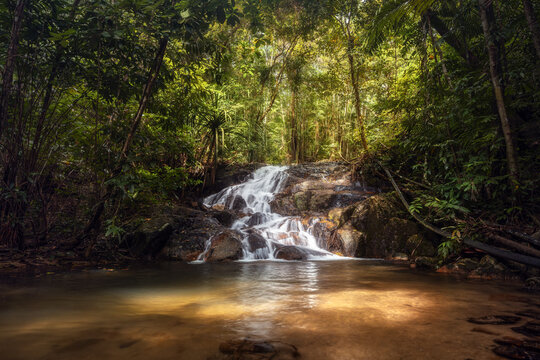 Wide-angle view of beautiful secluded waterfall in the tropical jungle, Ko Adang, Thailand