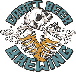 Skeleton with beer glass with splashes foam for bar emblem or drink print. Brewery logo design with skull, mugs and skeleton hands for craft shop or screen printing.