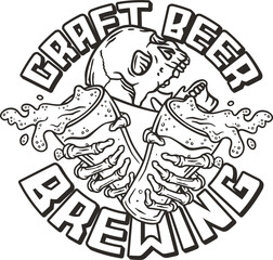 Skeleton with beer glass with splashes foam for bar emblem or drink print. Brewery logo design with skull, mugs and skeleton hands for craft shop or screen printing.