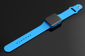 Stainless blue smart watch or fitness tracker isolated on black background.