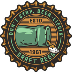 Beer cap with lying bottle and foam for label or print. Brew emblem or craft beer logo for bar, pub or brewery shop.