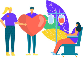 Charity blood donation in hospital, medicine aid transfusion vector illustration. People character make medical donation, donate for saving life.