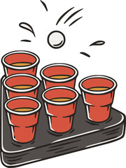 Beer pong game. Beer cups and flying ball for design competition or tournament in bar. Alcohol sport with throw and drink. College challenge with booze