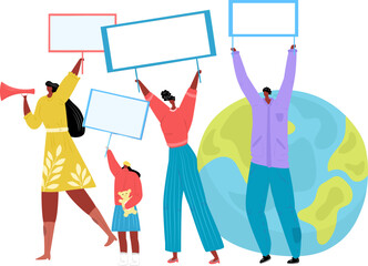 People protest with poster, flat movement for changes vector illustration. Social landing banner, modern template website.