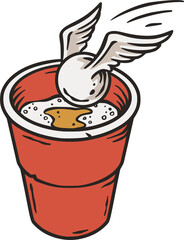 Beer pong game. Beer cup and flying ball with wings for competition or tournament in bar. Alcohol sport with throw and drink. College challenge with booze