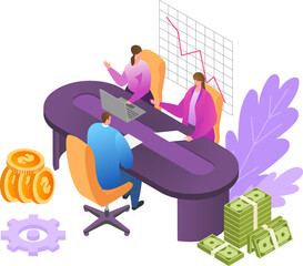 Financial business consultation with flat people character vector illustration. Finance analysis web banner, consultant accounting company investment