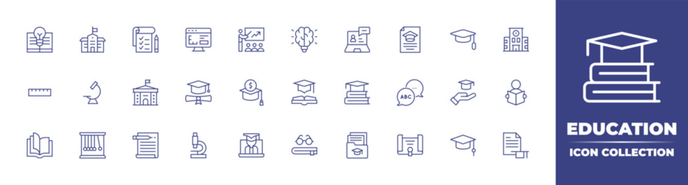 Education line icon collection. Editable stroke. Vector illustration. Containing knowledge, college, task list, design, training, idea, teacher, file, graduation hat, institute, ruler, and more. 