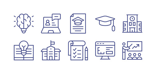 Education line icon set. Editable stroke. Vector illustration. Containing idea, teacher, file, graduation hat, institute, knowledge, college, task list, design, training.