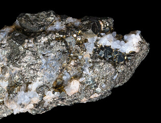 Iron pyrite with quartz crystal veins, over black. Close up of iron sulfide, FeS2, a mineral, also known as fools gold. Pyritohedron-shaped crystals, with metallic luster, and pale brass-yellow hue.