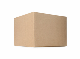 One closed cardboard box on white background
