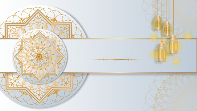 Luxury elegant ramadan background with white and gold mosque moon lantern mandala pattern decoration