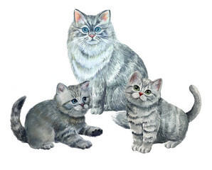 cat and kitten watercolor illustration.