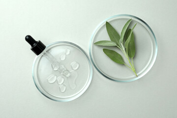 Flat lay composition with Petri dishes and sage on light grey background