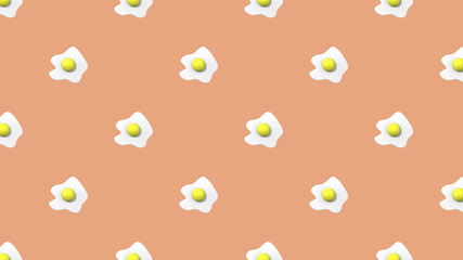 pattern. Image of chicken egg on pastel red orange backgrounds. Egg with round yolk. Surface overlay pattern. Horizontal image. 3D image. 3D rendering.