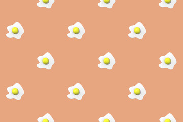 pattern. Image of chicken egg on pastel red orange backgrounds. Egg with round yolk. Surface overlay pattern. Horizontal image. 3D image. 3D rendering.