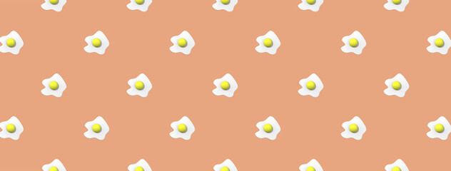pattern. Image of chicken egg on pastel red orange backgrounds. Egg with round yolk. Surface overlay pattern. Horizontal image. Banner for insertion into site. 3D image. 3D rendering.
