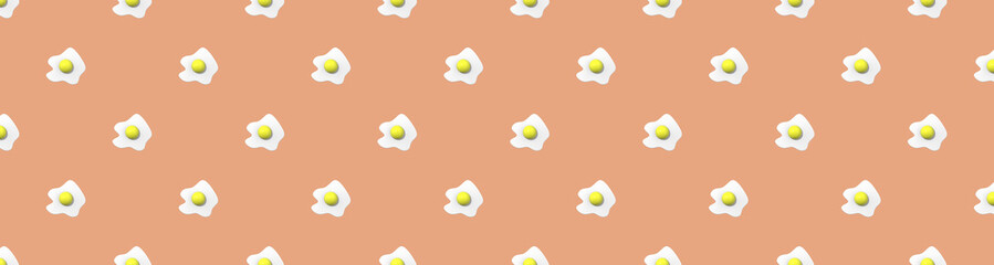 pattern. Image of chicken egg on pastel red orange backgrounds. Egg with round yolk. Surface overlay pattern. Horizontal image. Banner for insertion into site. 3D image. 3D rendering.