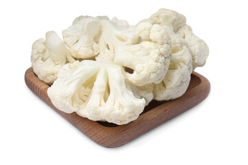 Wooden plate with cut fresh raw cauliflowers on white background