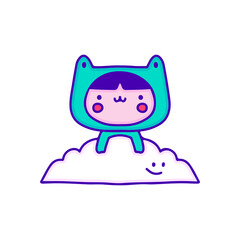 Cute kid in frog costume with funny cloud, illustration for t-shirt, sticker, or apparel merchandise. With modern pop and kawaii style.