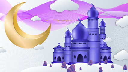 Luxury elegant ramadan background with white and gold mosque moon lantern mandala pattern decoration