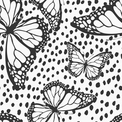 Seamless pattern with funny colorful Butterflies, flowers. Color flat vector illustration for invitation, poster, card, textile, fabric. Butterfly graphic design print. Trendy animal motif wallpaper
