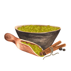 Hand-drawn watercolor ceramic bowl with cardaamom, wooden scoop with cardamom, cinnamon sticks and allspice - obrazy, fototapety, plakaty