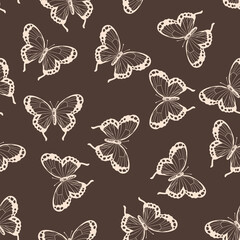 Seamless pattern with funny colorful Butterflies, flowers. Color flat vector illustration for invitation, poster, card, textile, fabric. Butterfly graphic design print. Trendy animal motif wallpaper