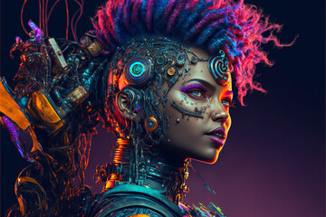 Futuristic female cyborg portrait cyberpunk steampunk fictional person abstract illustration. Generative AI	