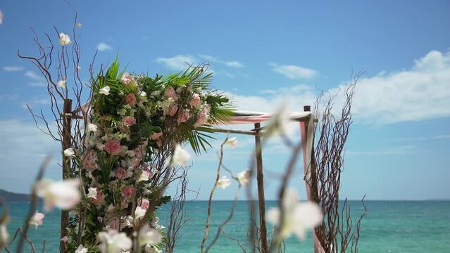 Wedding tropical beach detail set up for seaside sunny on summer.	