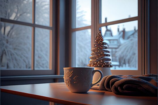 Generated AI White Mug Cup On The Window, Snow Outside For Winter
