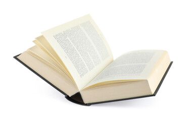 Open black hardcover book isolated on white
