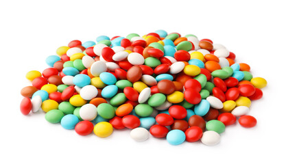 Many small colorful candies on white background