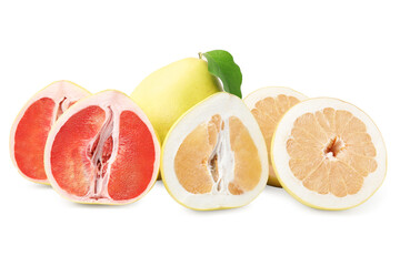 Cut and whole fresh pomelo fruits on white background
