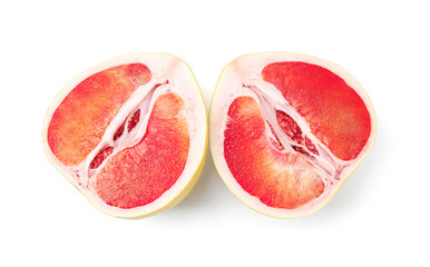 Halves of tasty pomelo fruits isolated on white, top view