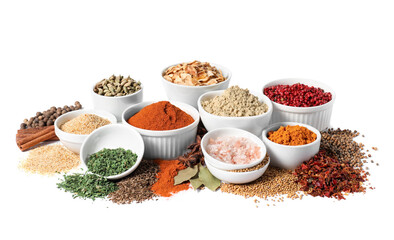 Bowls with different spices on white background