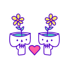 Cute skull pot with sunflowers cartoon, illustration for t-shirt, sticker, or apparel merchandise. With modern pop and retro style.
