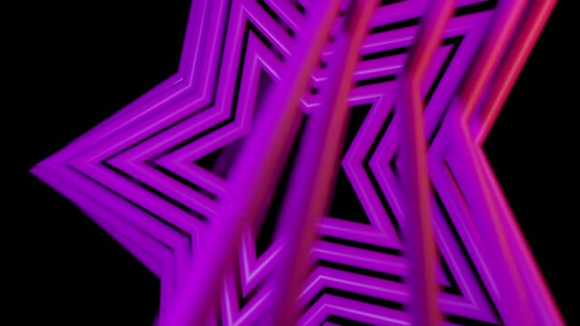 Smooth rotation of the background of star shapes on a isolated black background. Purple color. 3d animation of a seamless loop
