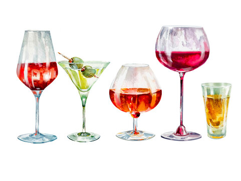 Set glass of wine.watercolor illustration.